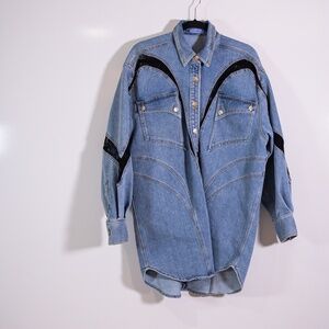 Mugler Oversize Cotton Denim Jean Lace Panel Collared Button Front Shirt Dress S